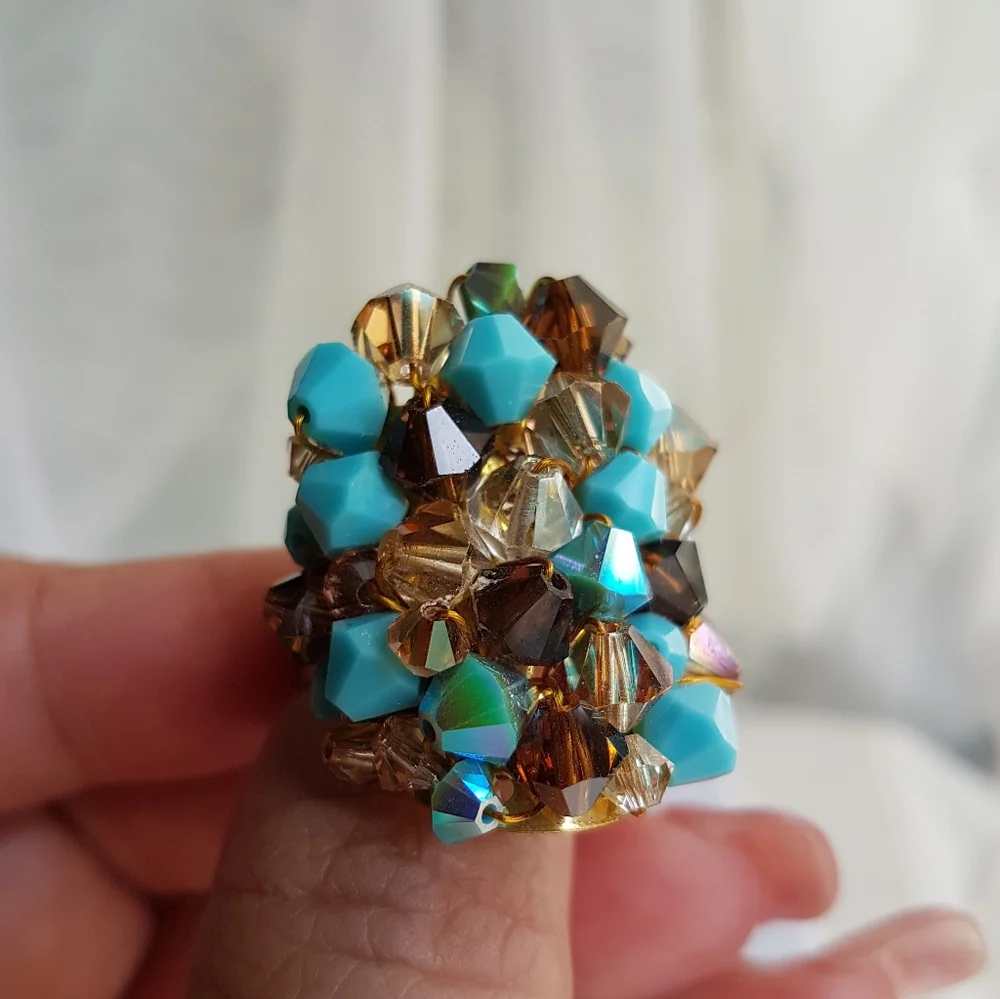 Swarovski Elements Large Turquoise Blue & Brown Cluster Statement Ring NWT